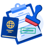 An illustration of a passport next to an application form on a clipboard, with a green approval stamped upon it, representing the UK undergraduate application process.