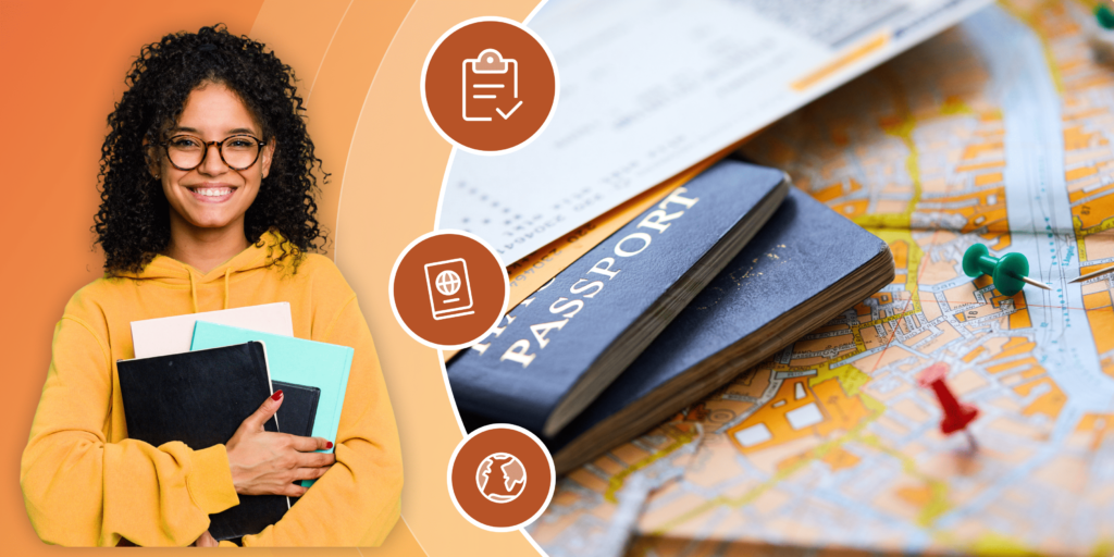 A map, passports, and other travel documents are framed by a yellow illustrated background and a photo of a young female international student wearing a yellow shirt and holding books.