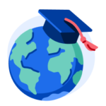 An illustration of planet Earth with a graduation cap on top of it.