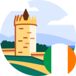 An illustration of Doonagore Castle in Ireland, and a circular icon of the Irish flag