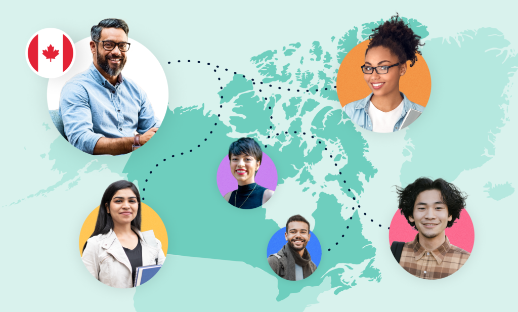 An illustrated map of Canada featuring diverse photos of citizens and immigrants in Canada.