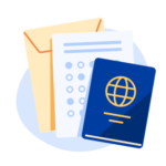 An illustration of a passport with a blue cover, a scantron test sheet, and a yellow manila envelope, fanned over an illustrated blue background. This represents Australia's 2024 policy updates.