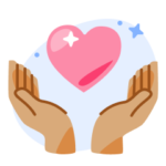 Two hands with their palms upraised holding a cartoon pink heart