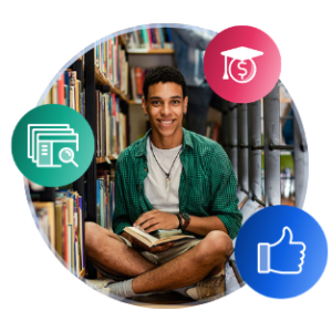 A male international student sits on the floor of a campus library with a book. He is framed by scholarship-related imagery and a thumbs-up cartoon.