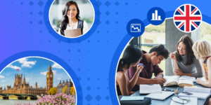 Images of the UK, as well as international students in campus settings, are framed by a blue illustrated background.
