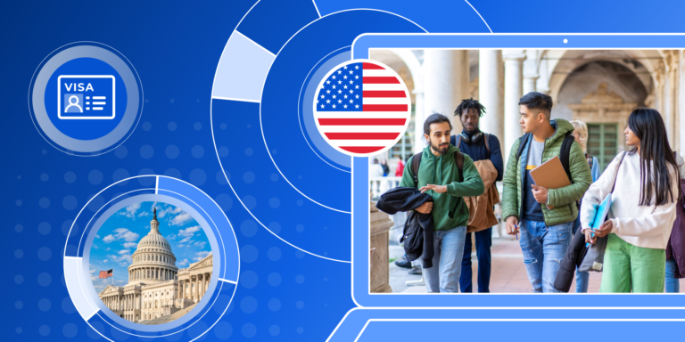 Banner of American flag and students walking on campus