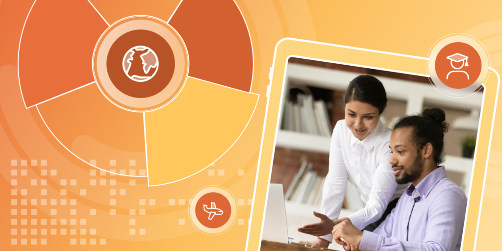 Two international students work on a project in a brightly lit library space. They are framed by an illustrated yellow background with charts and analytical elements, as well as a line-art globe.