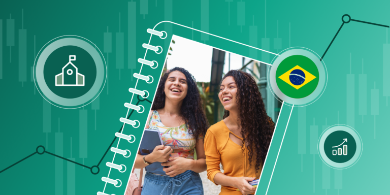 Banner showing Brazilian flag and students