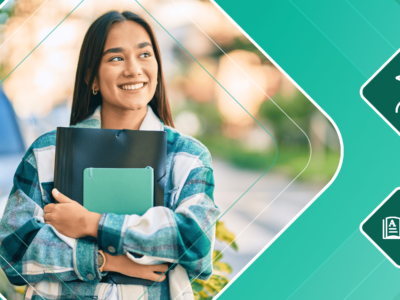 A female international student walks on campus while carrying books. She is framed by a green illustrated background featuring a spot illustration of a student wearing a graduation cap and a book with a feather pen.