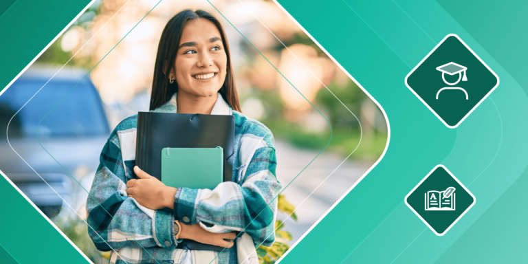 A female international student walks on campus while carrying books. She is framed by a green illustrated background featuring a spot illustration of a student wearing a graduation cap and a book with a feather pen.