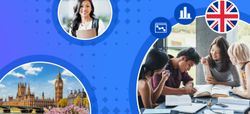 Images of the UK, as well as international students in campus settings, are framed by a blue illustrated background.