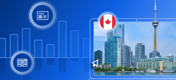 A skyline view of Toronto, Canada from its island: tall steel and glass buildings and the distinctive needle-shaped CN Tower. The view is framed by a blue illustrated background.