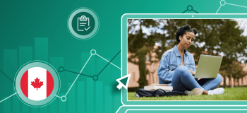 A female international student looks pensively at her laptop on the grassy quad of a campus lawn. She is framed by illustrated charts and a Canadian flag (a red maple leaf and red bars on a white field).