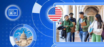 Banner of American flag and students walking on campus