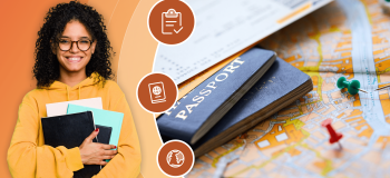 A map, passports, and other travel documents are framed by a yellow illustrated background and a photo of a young female international student wearing a yellow shirt and holding books.