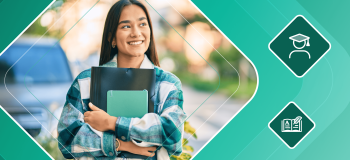 A female international student walks on campus while carrying books. She is framed by a green illustrated background featuring a spot illustration of a student wearing a graduation cap and a book with a feather pen.