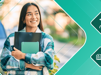 A female international student walks on campus while carrying books. She is framed by a green illustrated background featuring a spot illustration of a student wearing a graduation cap and a book with a feather pen.