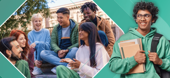 A group of international students sit together on a sunny campus in an inset photo within the larger image. They are framed by a green background and a male student carrying books and a bookbag.