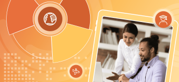Two international students work on a project in a brightly lit library space. They are framed by an illustrated yellow background with charts and analytical elements, as well as a line-art globe.