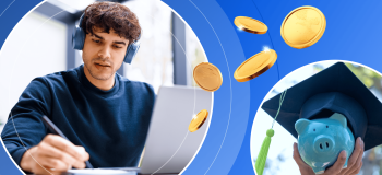 A male international student sits at a desk in a brightly-lit room, writing notes on a notepad adjacent to his laptop. He is framed by an illustrated blue background with gold coins and a piggy bank wearing a formal graduation cap.