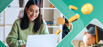 A female international student sits with a laptop in a sunny home office space with a white bookshelf. She is framed by a green background with gold coins and a piggy bank with a graduation cap.